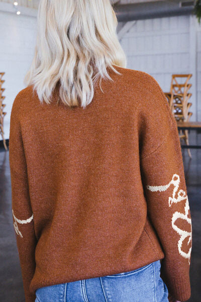 Flower Round Neck Dropped Shoulder Sweater Shop One Place