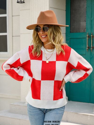Checkered Round Neck Dropped Shoulder Sweater Shop One Place