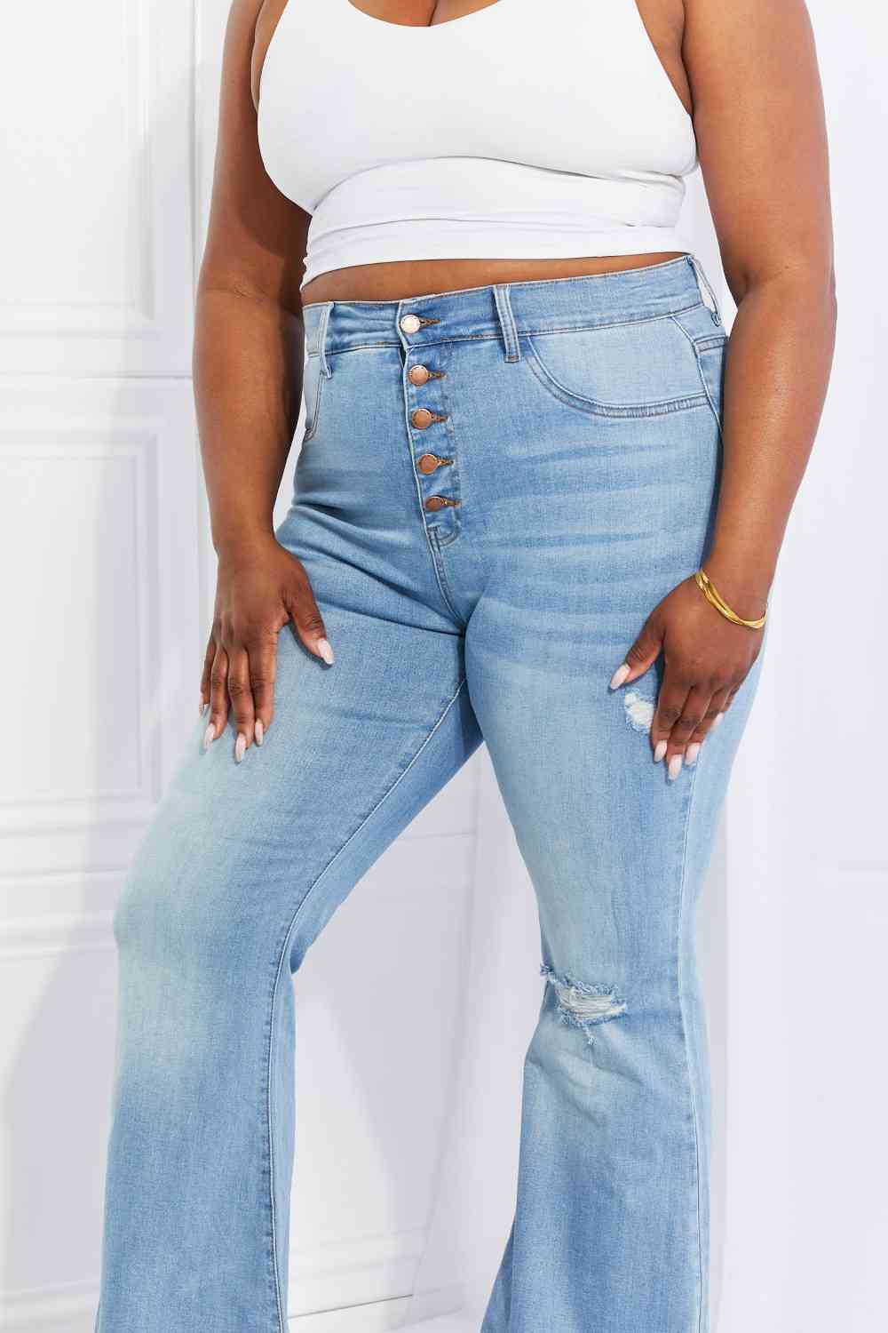Vibrant MIU Full Size Jess Button Flare Jeans Shop One Place
