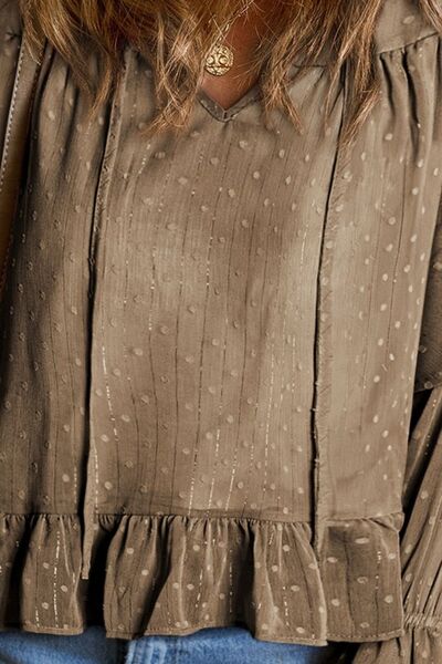 Swiss Dot Tie Neck Flounce Sleeve Blouse Shop One Place