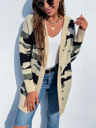 Camouflaged Dropped Shoulder Open Front Cardigan Shop One Place