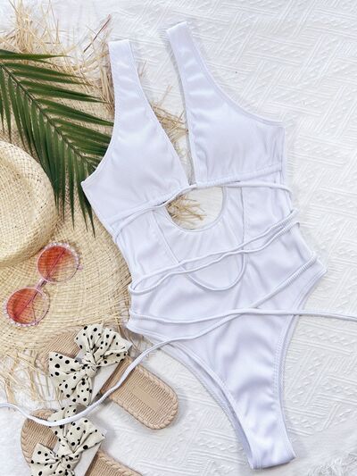 Ribbed Lace Up One-Piece Swimsuit Shop One Place