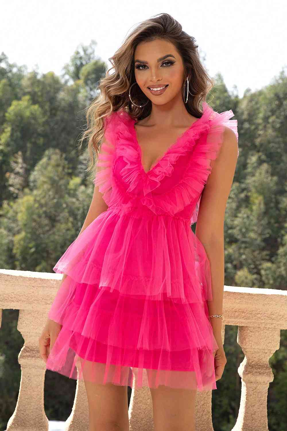 Ruffled V-Neck Sleeveless Mesh Dress Shop One Place