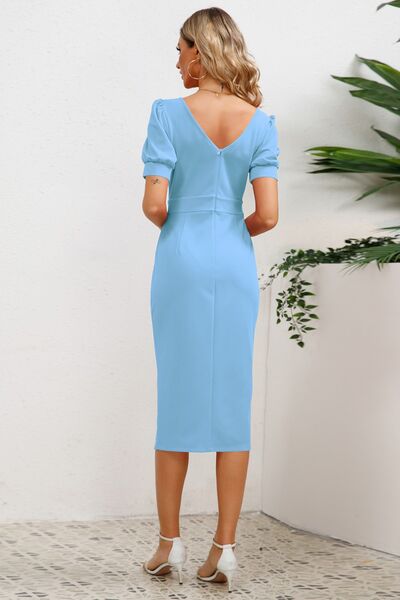 Slit Ruffled Puff Sleeve Midi Dress Shop One Place