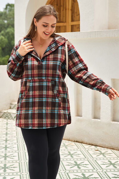 Plus Size Drawstring Plaid Quarter Button Hoodie Shop One Place