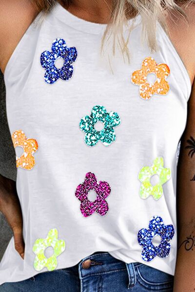 Sequin Flower Grecian Neck Tank Shop One Place