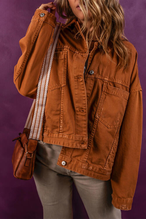 Collared Neck Button-Up Denim Jacket Shop One Place