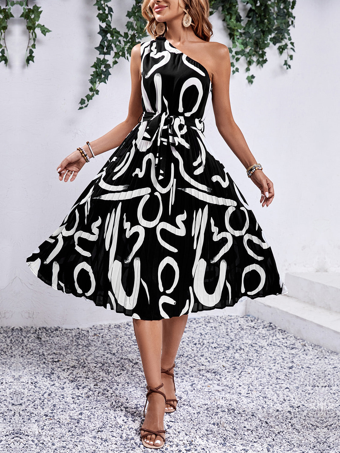Printed Single Shoulder Tie Waist Dress Shop One Place