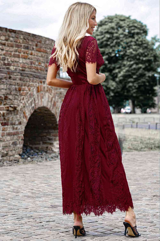 Scalloped Trim Lace Plunge Dress Shop One Place