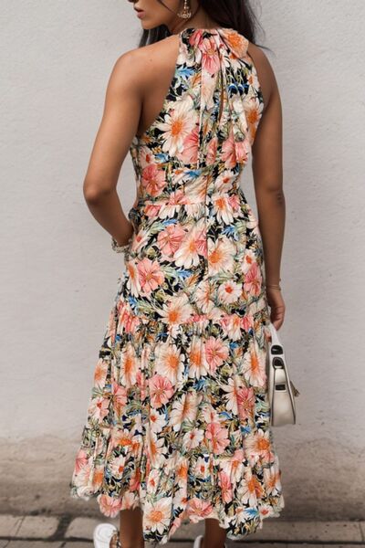 Printed Tiered Pocketed Mock Neck Midi Dress Shop One Place