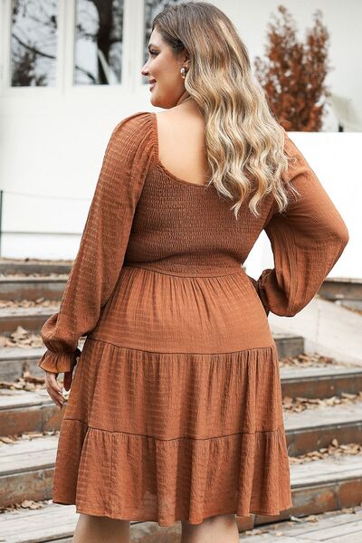 Plus Size Smocked Square Neck Tiered Dress Shop One Place