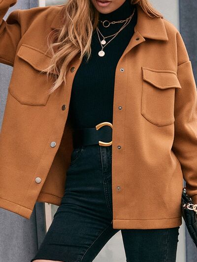 Pocketed Snap Down Dropped Shoulder Jacket Shop One Place