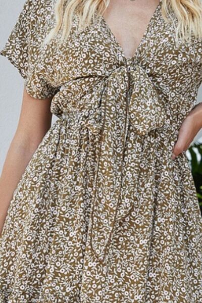 Tied Floral V-Neck Cap Sleeve Dress Shop One Place