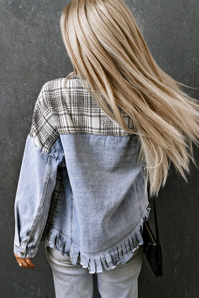 Plaid Pocketed Snap Down Denim Jacket Shop One Place