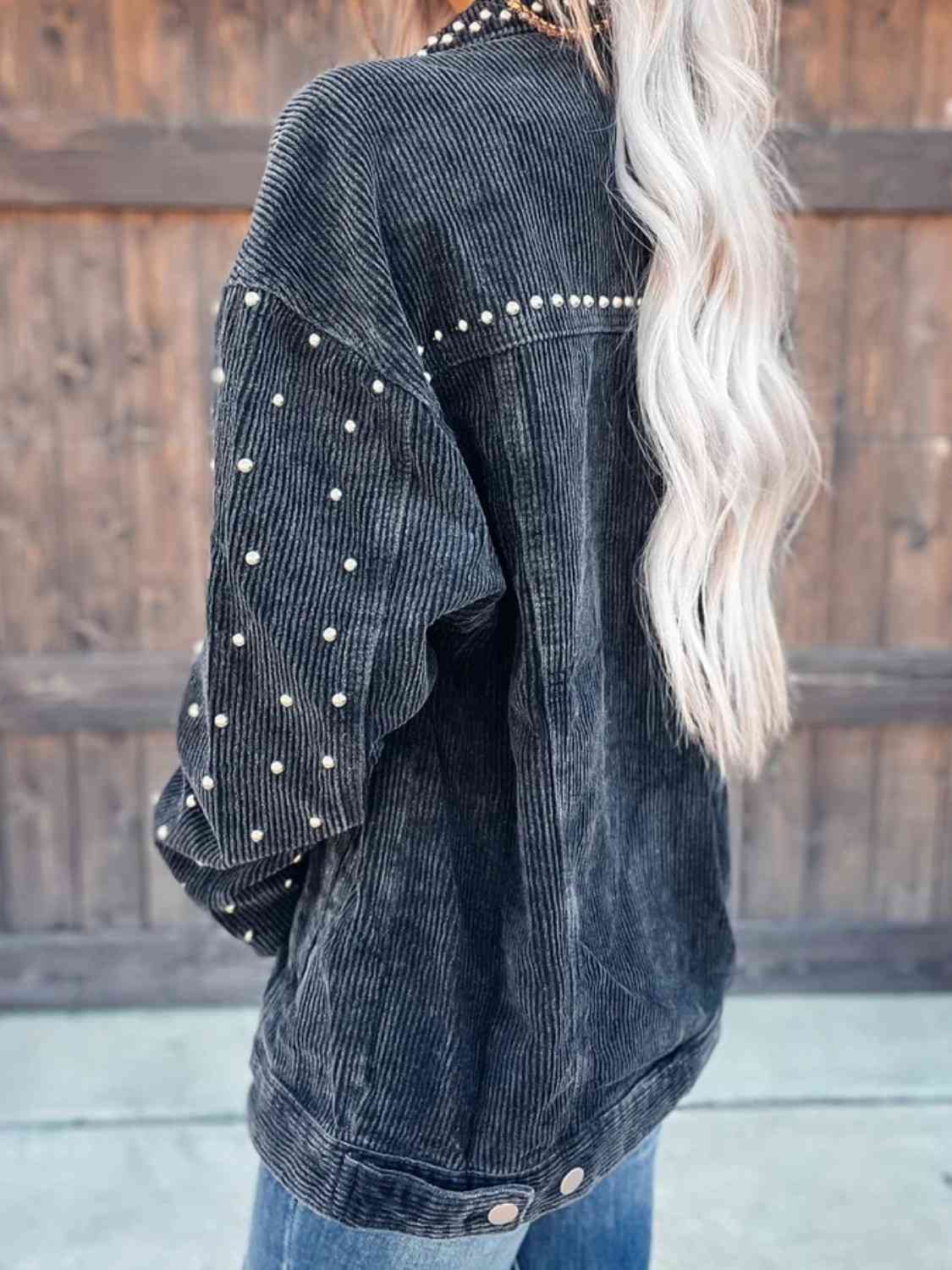 Studded Collared Neck Button Down Jacket Shop One Place