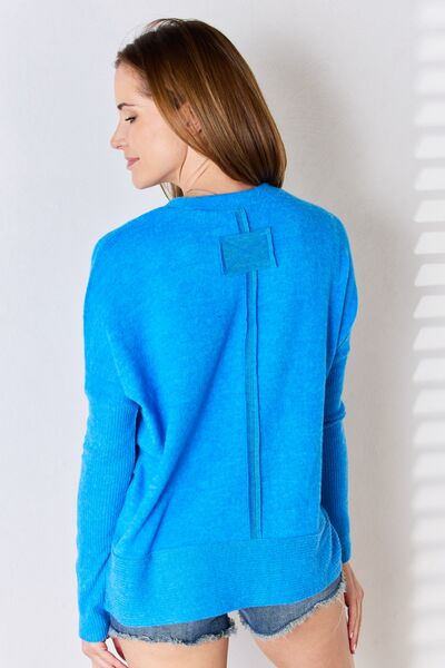 Zenana Ribbed Trim Round Neck Long Sleeve Top Shop One Place
