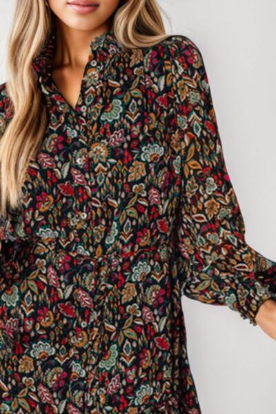 Printed Notched Long Sleeve Dress Shop One Place