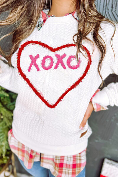 XOXO Heart Round Neck Dropped Shoulder Sweatshirt Shop One Place