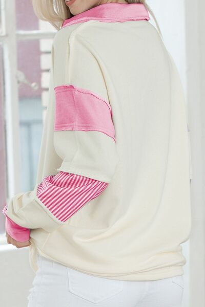 Striped Contrast Johnny Collar Dropped Shoulder Sweatshirt Shop One Place