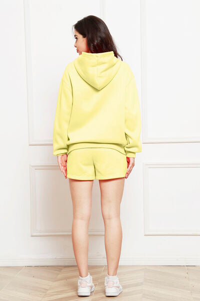 Drop Shoulder Long Sleeve Hoodie and Shorts Set Shop One Place