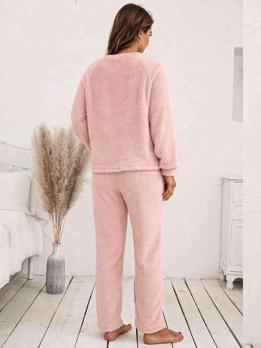 Teddy Long Sleeve Top and Pants Lounge Set Shop One Place