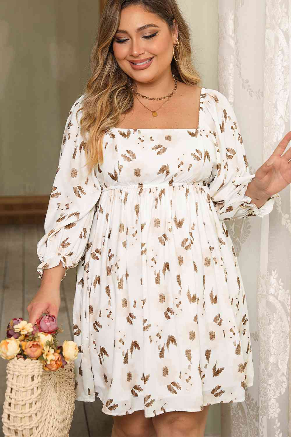 Plus Size Printed Square Neck Mini Dress Shop One Place