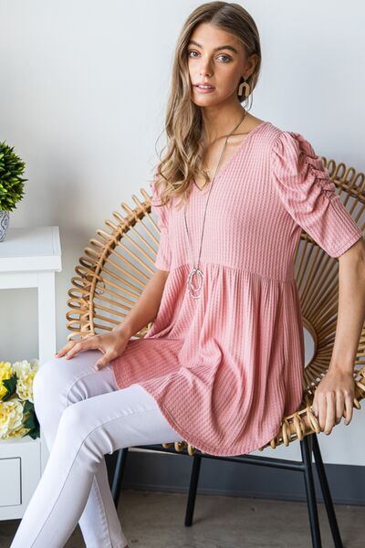 Heimish Full Size Waffle Knit V-Neck Babydoll Top Shop One Place