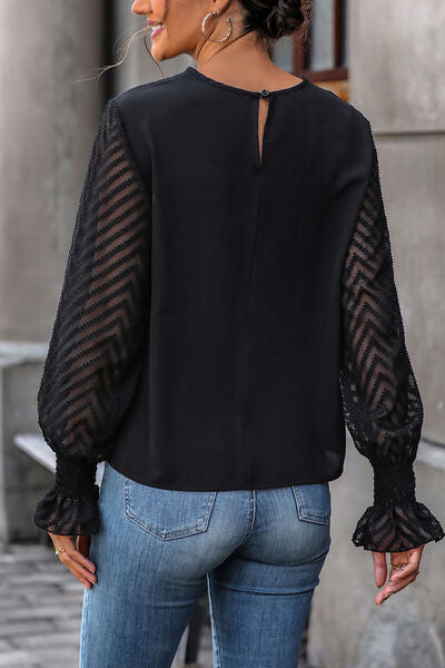 Lace Detail Smocked Flounce Sleeve Blouse Shop One Place