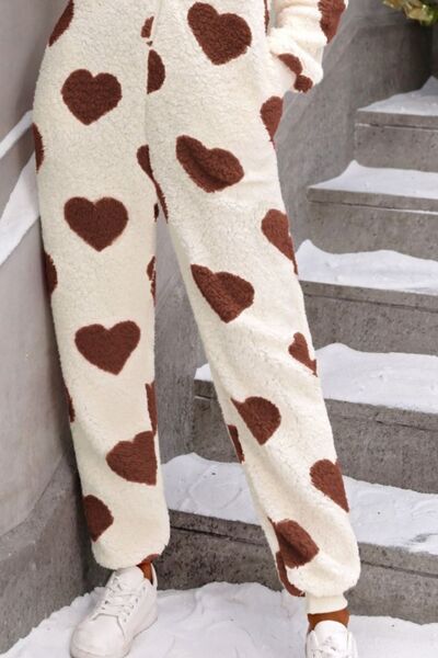 Fuzzy Heart Zip Up Hooded Lounge Jumpsuit Shop One Place