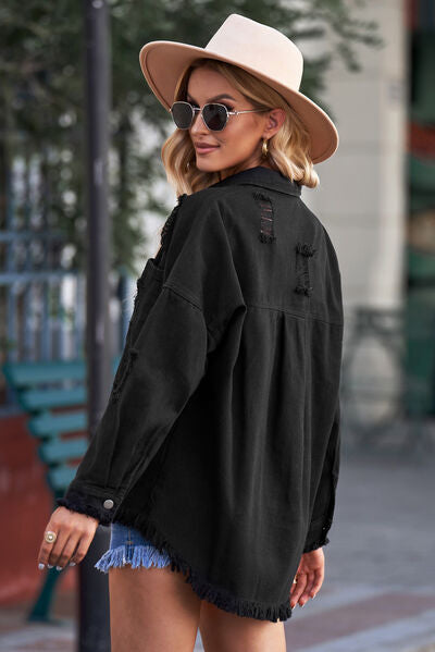 Distressed Button Up Raw Hem Denim Jacket Shop One Place