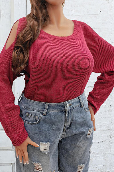 Plus Size Cold Shoulder Round Neck Sweater Shop One Place