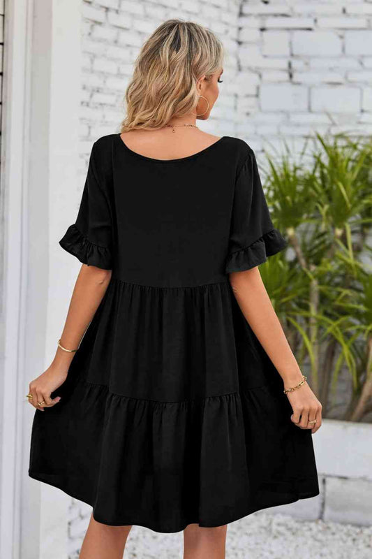 V-Neck Flounce Sleeve Tiered Dress Shop One Place