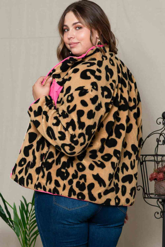 Plus Size Leopard Zip Up Jacket with Pockets Shop One Place