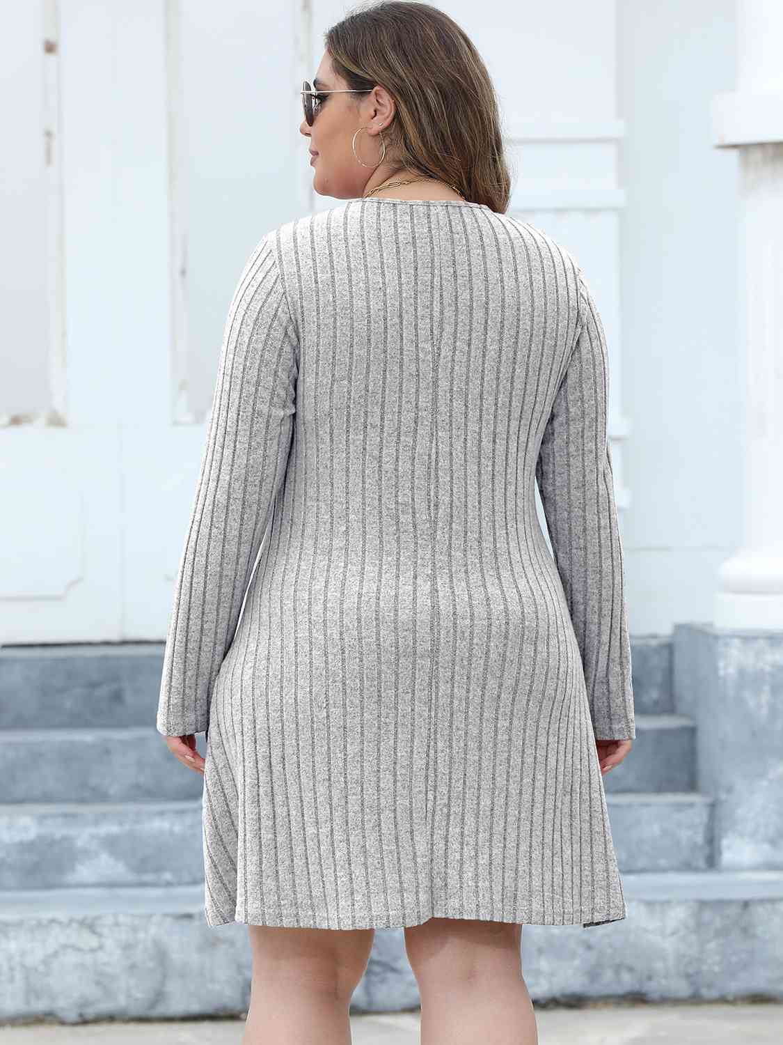 Plus Size Ribbed Buttoned V-Neck Long Sleeve Dress Shop One Place