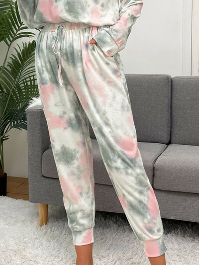 Tie-Dye Round Neck Top and Drawstring Pants Lounge Set Shop One Place