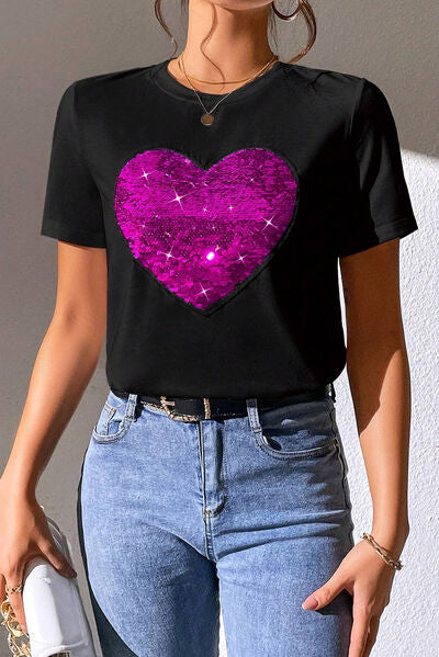 Heart Sequin Round Neck Short Sleeve T-Shirt Shop One Place