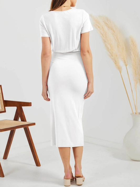 Ruched Slit V-Neck Short Sleeve Dress Shop One Place