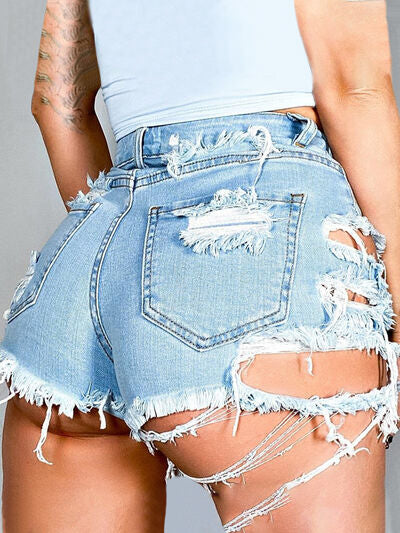 Distressed Raw Hem Denim Shorts with Pockets Shop One Place