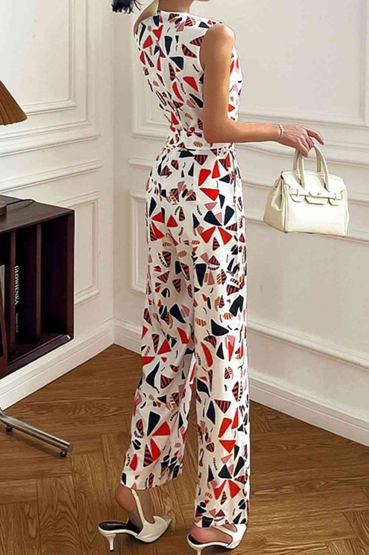 Printed Surplice Neck Sleeveless Jumpsuit Shop One Place
