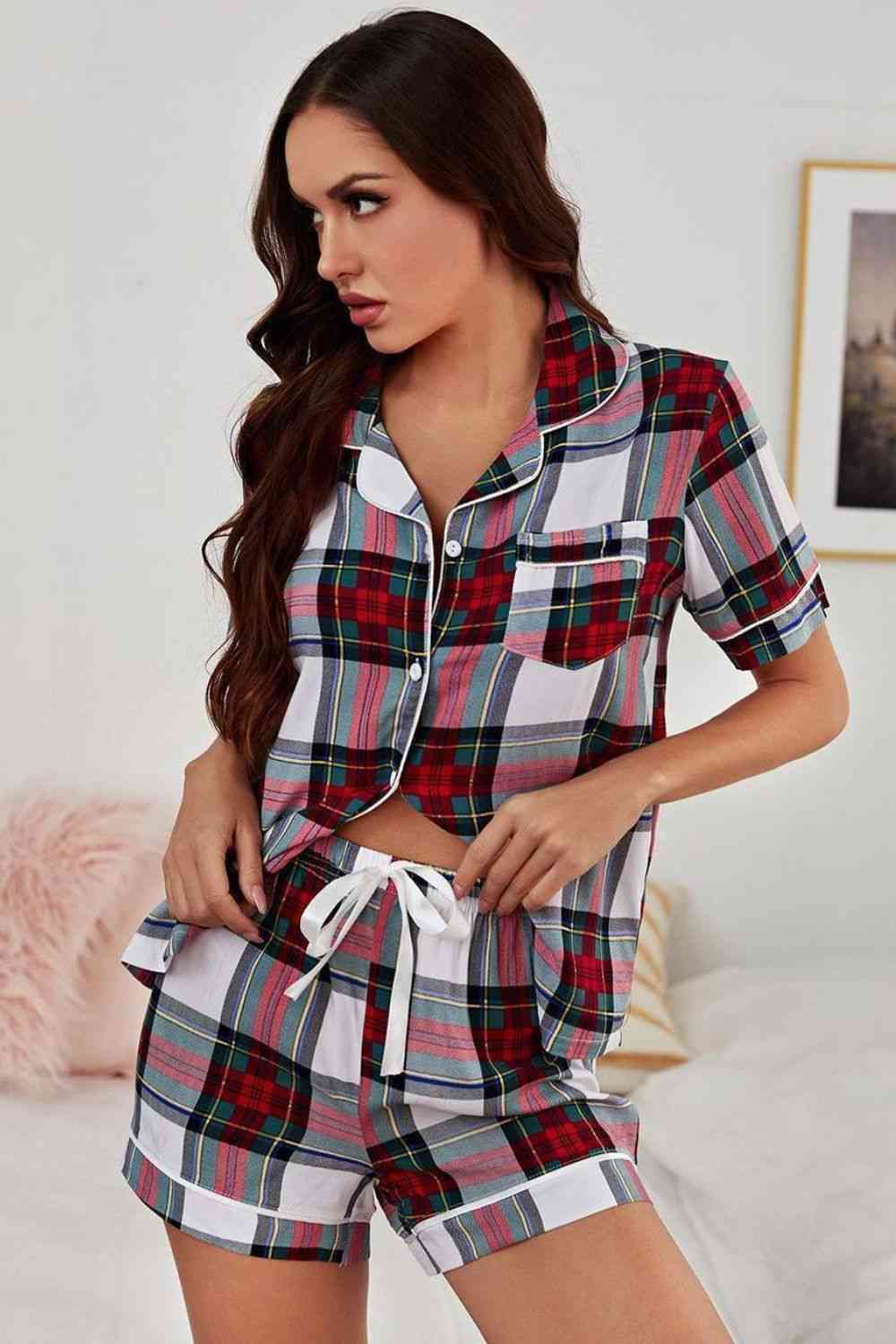 Collared Neck Short Sleeve Tied Two-Piece Lounge Set Shop One Place