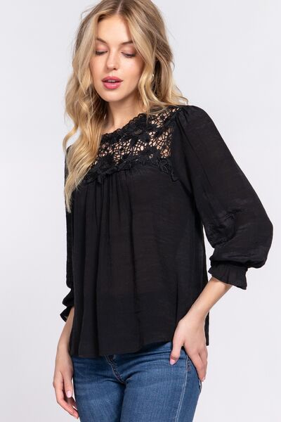 ACTIVE BASIC Crochet Lace Panel Flounce Sleeve Blouse Shop One Place