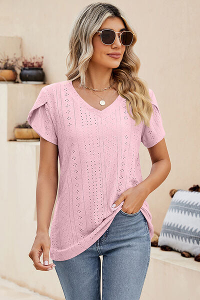 Eyelet V-Neck Petal Sleeve T-Shirt Shop One Place