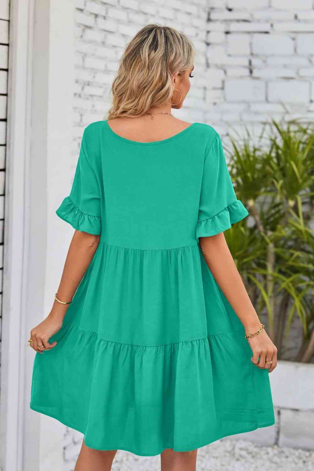 V-Neck Flounce Sleeve Tiered Dress Shop One Place