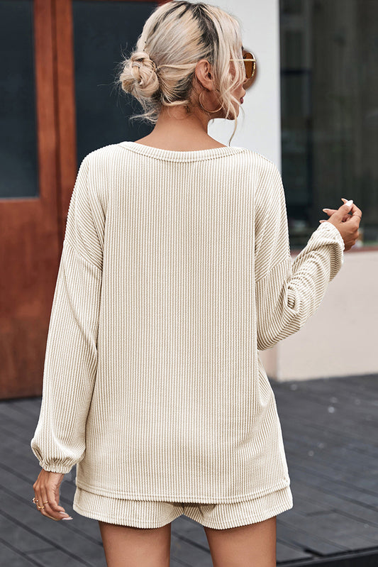 V-Neck Dropped Shoulder Top and Shorts Set Shop One Place