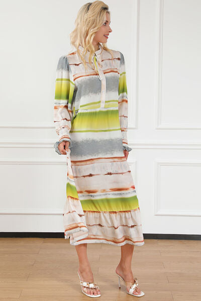 Striped Half Button Smocked Long Sleeve Ruffle Hem Dress Shop One Place