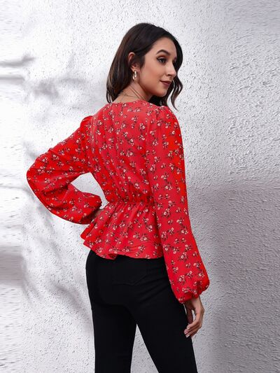 Floral V-Neck Balloon Sleeve Peplum Blouse Shop One Place