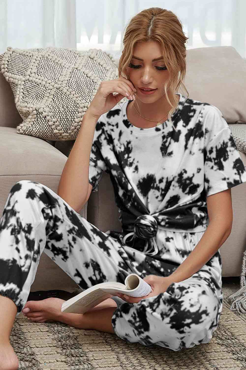 Tie-Dye Tee and Drawstring Waist Joggers Lounge Set Shop One Place