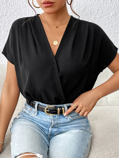Surplice Short Sleeve Ruched Bodysuit Shop One Place
