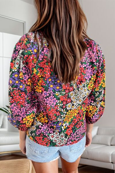 Floral Johnny Collar Balloon Sleeve Blouse Shop One Place