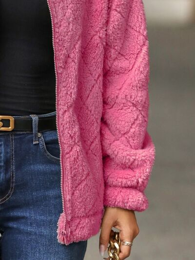 Fuzzy Pocketed Zip Up Jacket Shop One Place